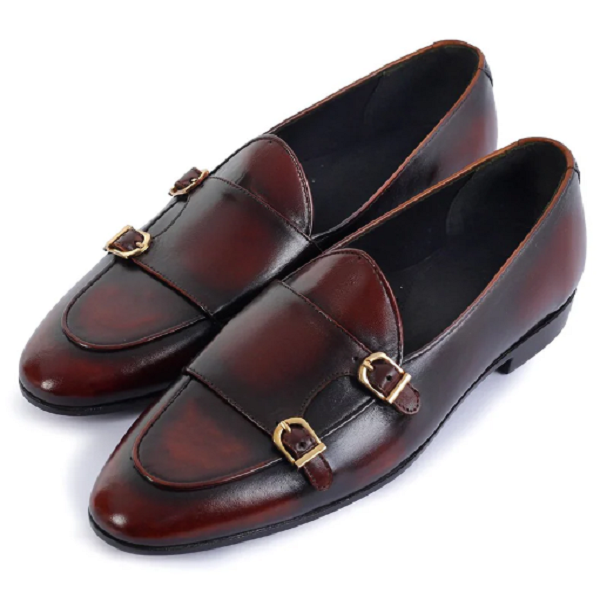 Handmade Goodyear Welted Men's Shaded Burgundy Leather Double Monk Shoes: Belgian Monk Loafer Elegance