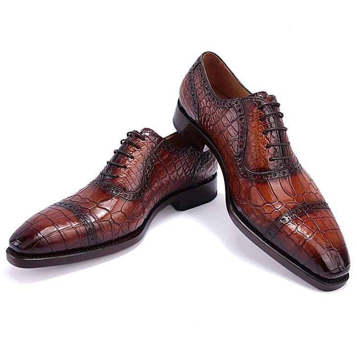 Handmade Mens Alligator Leather Cap Toe Lace up Oxford Classic Modern Business Dress Shoes