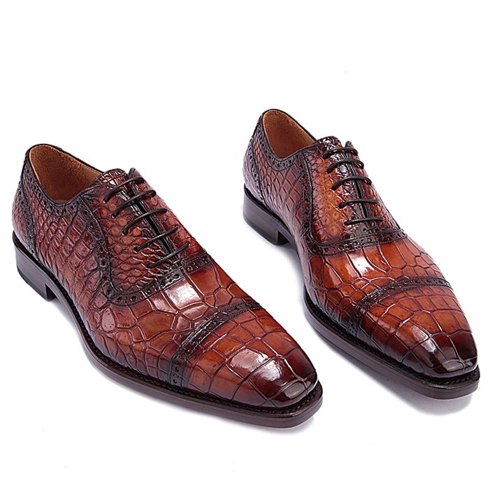 Handmade Mens Alligator Leather Cap Toe Lace up Oxford Classic Modern Business Dress Shoes