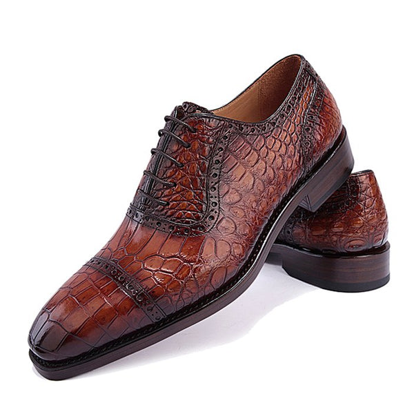 Handmade Mens Alligator Leather Cap Toe Lace up Oxford Classic Modern Business Dress Shoes
