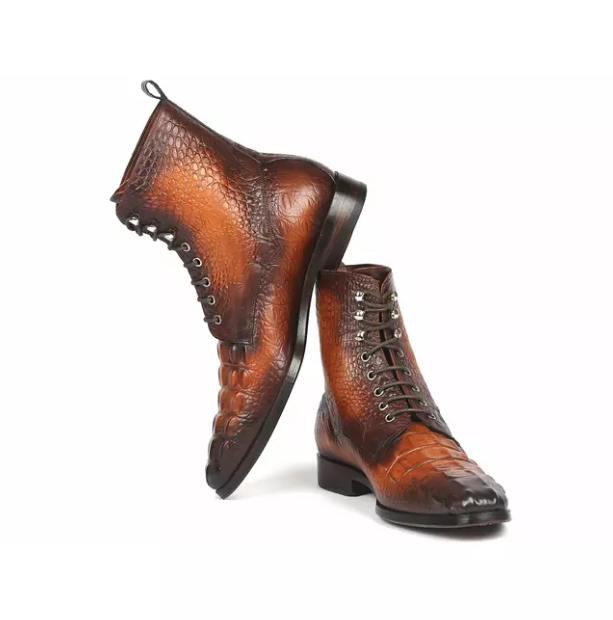 Handmade Men Alligators Ankle Boot, Men Tan Brown Crocodile Ankle Boots