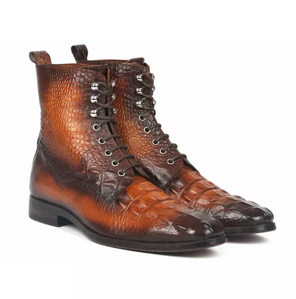 Handmade Men Alligators Ankle Boot, Men Tan Brown Crocodile Ankle Boots