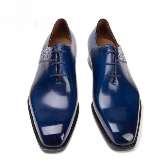 Handmade Men's Blue Calf Leather Dress Shoes | Stylish Blue Oxford Shoes