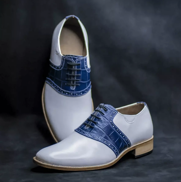 Men's Custom Handmade Blue & White Oxford Shoes | Premium Leather Dress Shoes