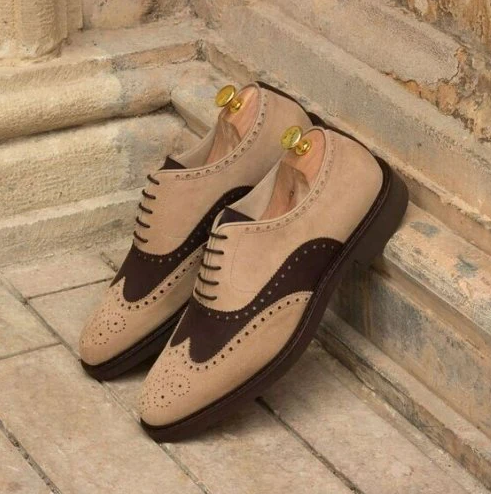 New Premium Quality Handmade Men's Beige and Brown Sueded Oxford Lace up Wingtip Brogue Dress Shoes