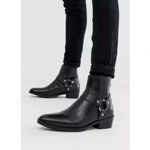 Handmade Men's Black Leather Ankle Boots Stylish Harness Biker Boot