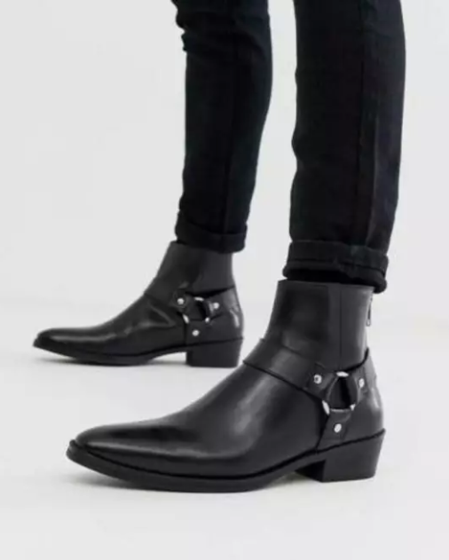 Handmade Men's Black Leather Ankle Boots Stylish Harness Biker Boot