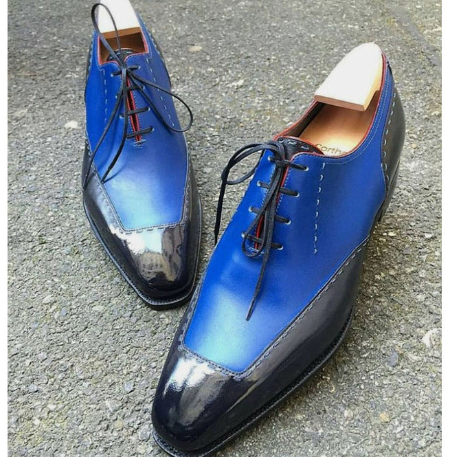 Handmade Men Black and Blue Leather Formal Dress Shoes With Lace up Closure