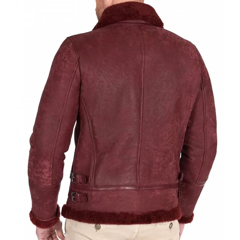 Handmade Bordeaux Shearling Lamb Leather Biker Jacket