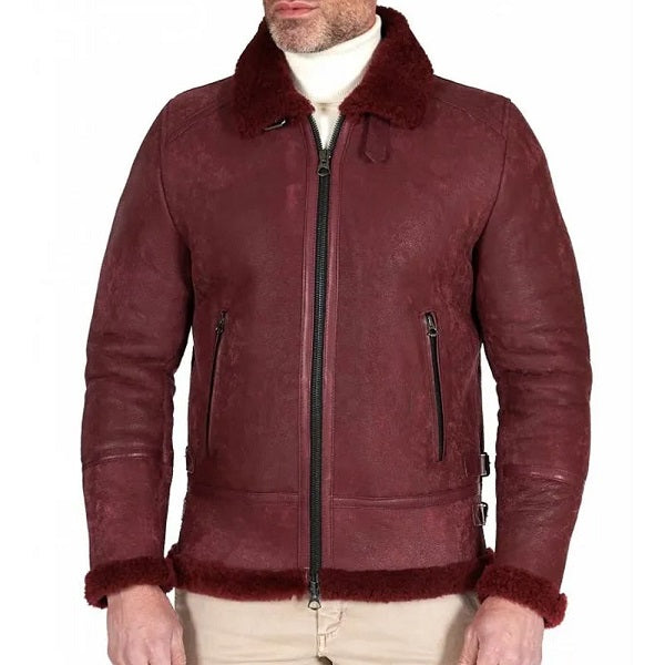 Handmade Bordeaux Shearling Lamb Leather Biker Jacket