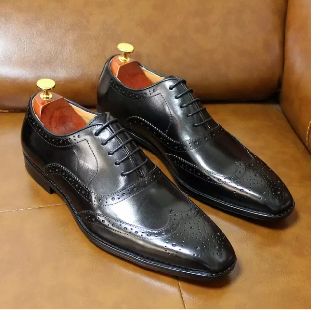 Handmade Men's Black Leather Brogue Dress Shoes Tuxedo Shoes