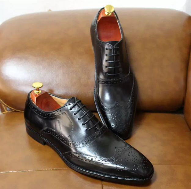 Handmade Men's Black Leather Brogue Dress Shoes Tuxedo Shoes