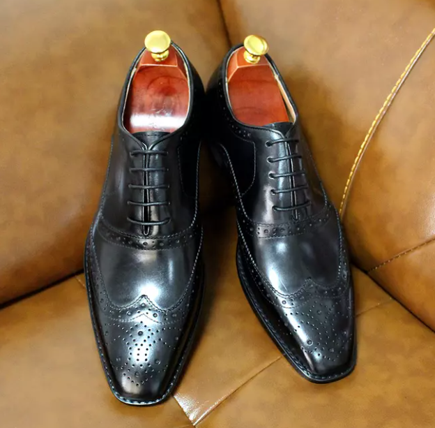 Handmade Men's Black Leather Brogue Dress Shoes Tuxedo Shoes