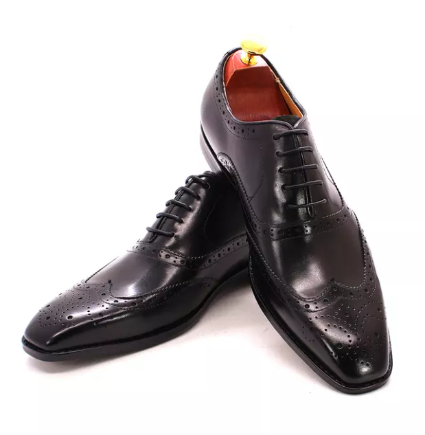 Handmade Men's Black Leather Brogue Dress Shoes Tuxedo Shoes