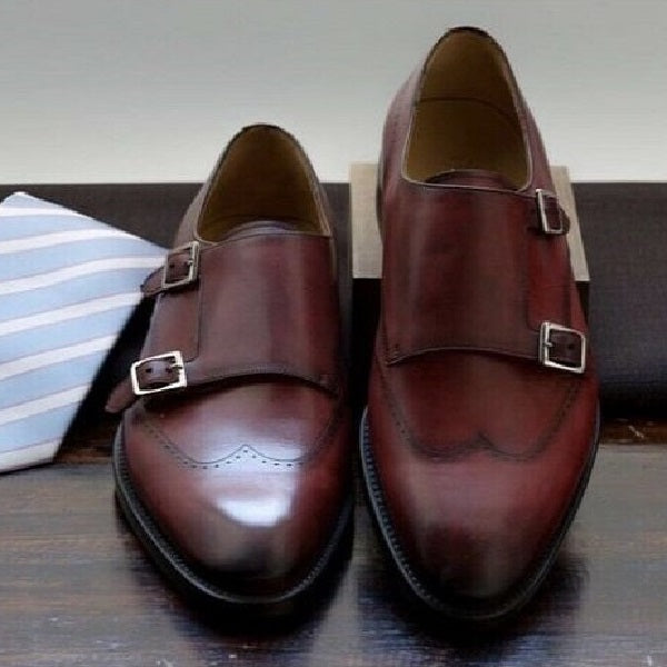 Handmade Brown Double Monk Leather Dress Shoes, Monk Formal Shoes