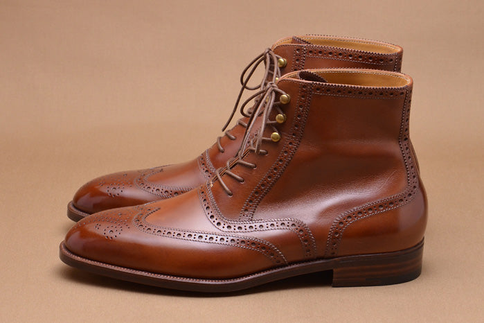 Men Brown Leather Wingtip Ankle Leather Boots Hand Burnish Brogue Boots