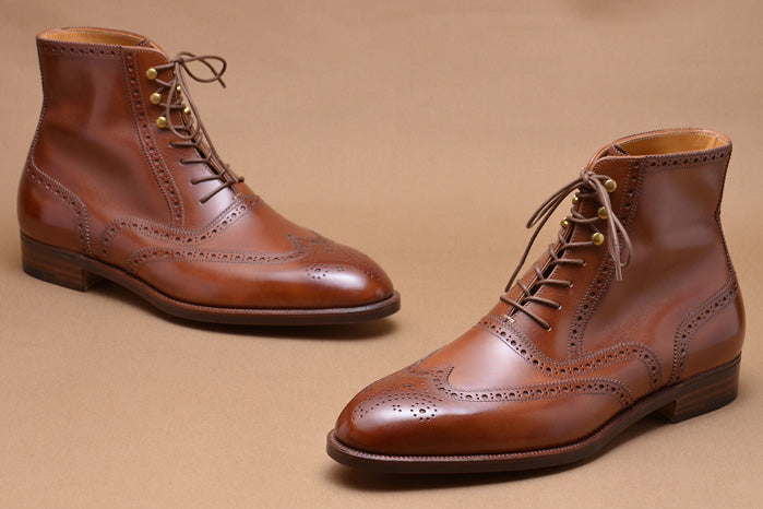 Men Brown Leather Wingtip Ankle Leather Boots Hand Burnish Brogue Boots