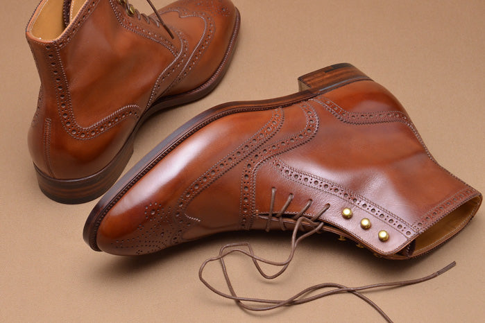 Men Brown Leather Wingtip Ankle Leather Boots Hand Burnish Brogue Boots