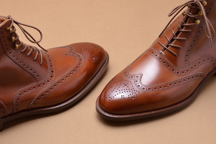 Men Brown Leather Wingtip Ankle Leather Boots Hand Burnish Brogue Boots