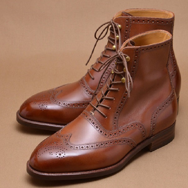 Men Brown Leather Wingtip Ankle Leather Boots Hand Burnish Brogue Boots