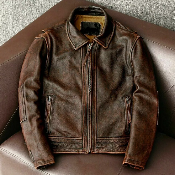 Handmade Men's Vintage Cafe Racer Jacket - Distressed Brown Genuine Cowhide Leather Motorcycle Biker Jacket