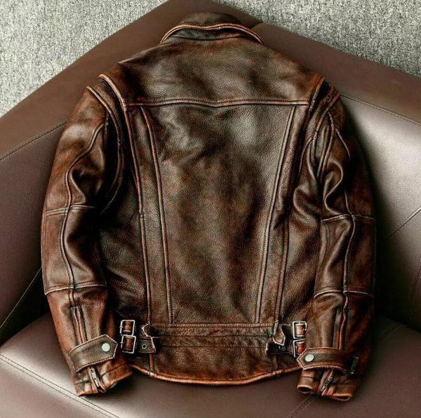 Handmade Men's Vintage Cafe Racer Jacket - Distressed Brown Genuine Cowhide Leather Motorcycle Biker Jacket