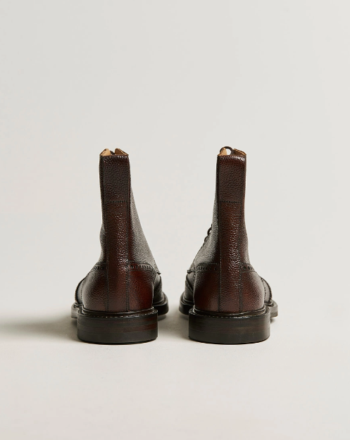 Handmade Men's Dark Brown Grained Calf Leather Brogue Boots - Classic Lace-Up Ankle Boots