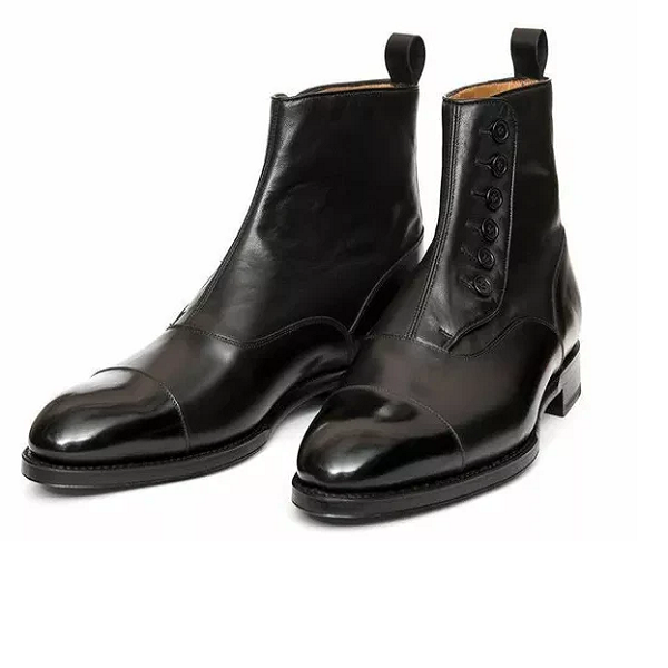 Handmade Men's Black Leather Cap Toe Dress Boots | Button-Up Formal Boots