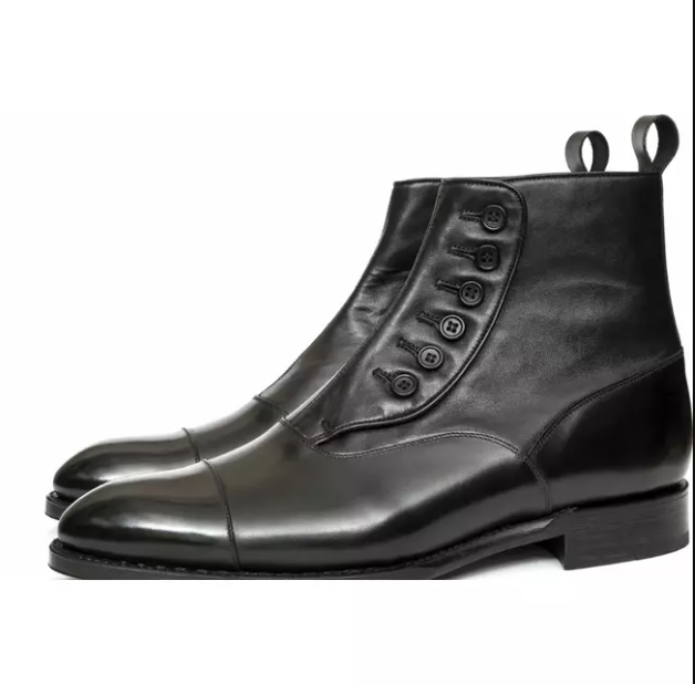 Handmade Men's Black Leather Cap Toe Dress Boots | Button-Up Formal Boots