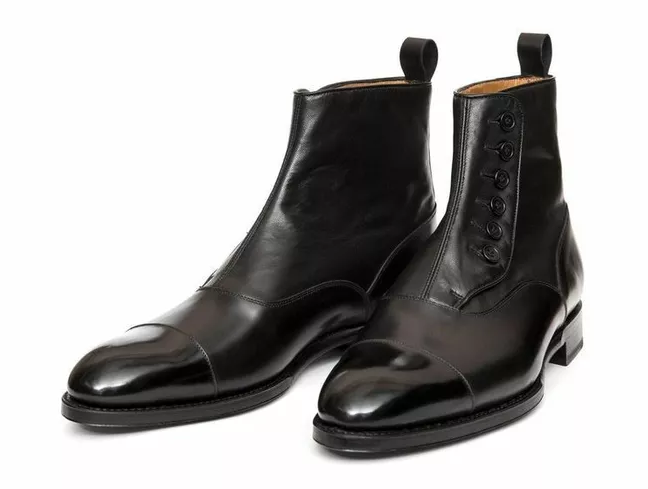 Handmade Men's Black Leather Cap Toe Dress Boots | Button-Up Formal Boots