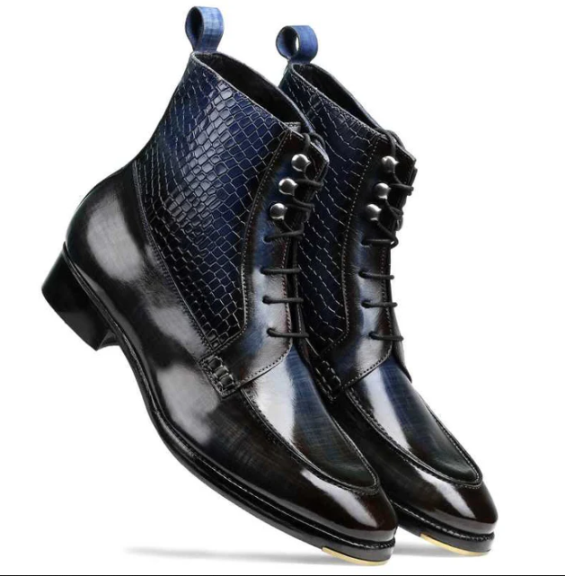 Men's Handmade High Ankle Crocodile Texture Lace-Up Boot