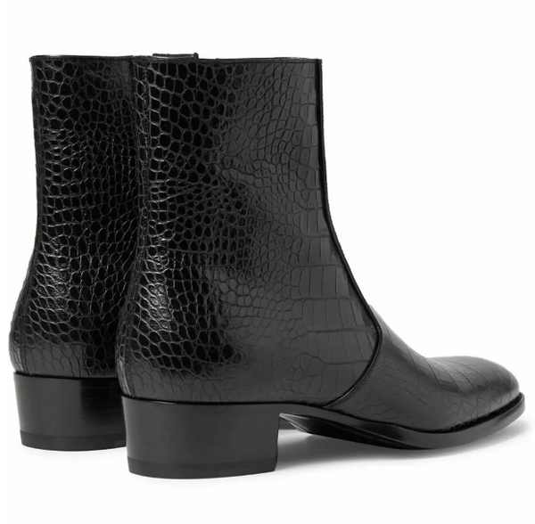 Men's Black Crocodile Zipper Boots, Men Black Ankle Dress Boot