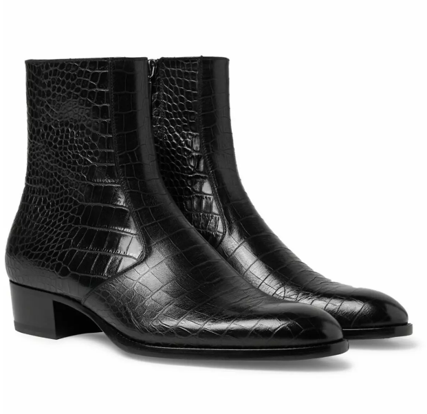 Men's Black Crocodile Zipper Boots, Men Black Ankle Dress Boot