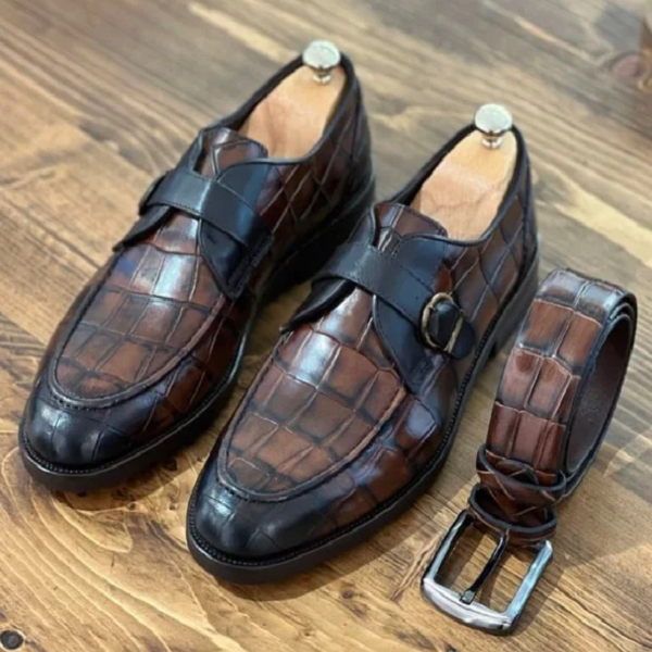 Men's Handmade Dark Brown Crocodile Texture Leather Monk Strap Shoes - Wedding & Party