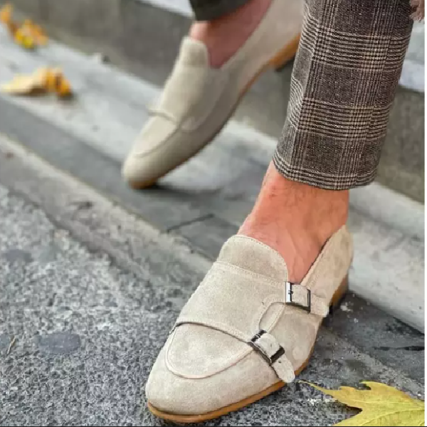Handmade Beige Suede Leather Double Monk Strap Shoes - Stylish Monk Shoes for Men