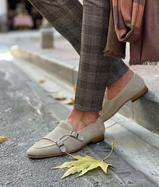 Handmade Beige Suede Leather Double Monk Strap Shoes - Stylish Monk Shoes for Men