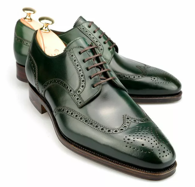 Handmade Men Derby Green Shoes, Dress Formal Leather Shoes, Wingtip Brogue