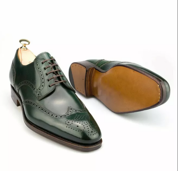 Handmade Men Derby Green Shoes, Dress Formal Leather Shoes, Wingtip Brogue