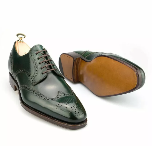 Handmade Men Derby Green Shoes, Dress Formal Leather Shoes, Wingtip Brogue