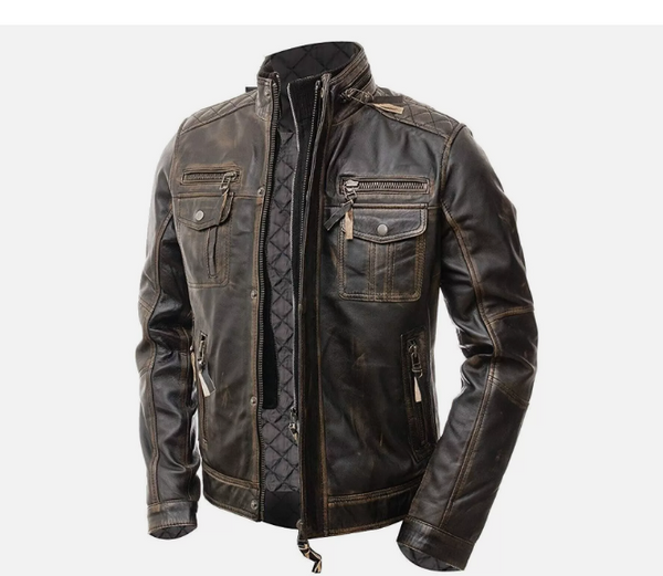Handmade Men’s Motorcycle Biker Vintage Distressed Brown Cafe Racer Real Leather Jacket