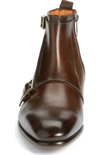 Handmade Men Brown Boots, Double Monk Strap Boot, Side Zipper Boots