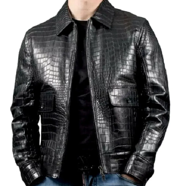 Handmade Mens Real Crocodile Leather Crocodile Embossed Jacket Biker Black Alligator Print Jacket