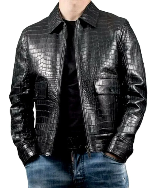 Handmade Mens Real Crocodile Leather Crocodile Embossed Jacket Biker Black Alligator Print Jacket