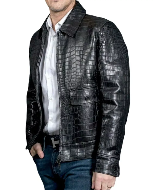 Handmade Mens Real Crocodile Leather Crocodile Embossed Jacket Biker Black Alligator Print Jacket