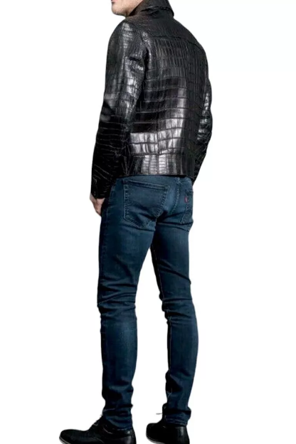 Handmade Mens Real Crocodile Leather Crocodile Embossed Jacket Biker Black Alligator Print Jacket
