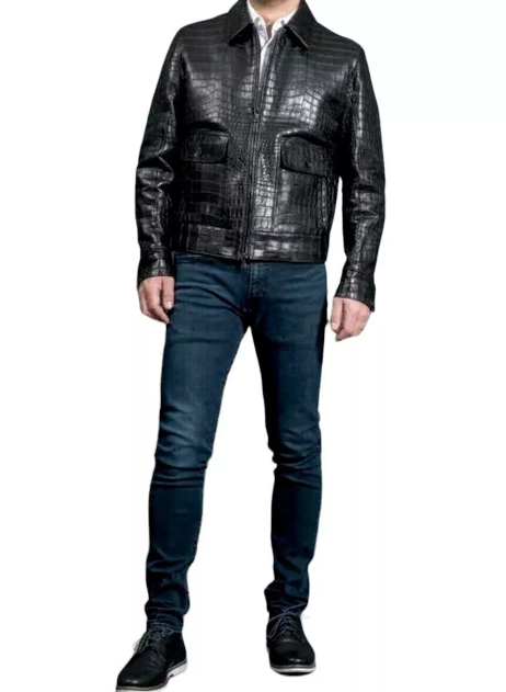 Handmade Mens Real Crocodile Leather Crocodile Embossed Jacket Biker Black Alligator Print Jacket