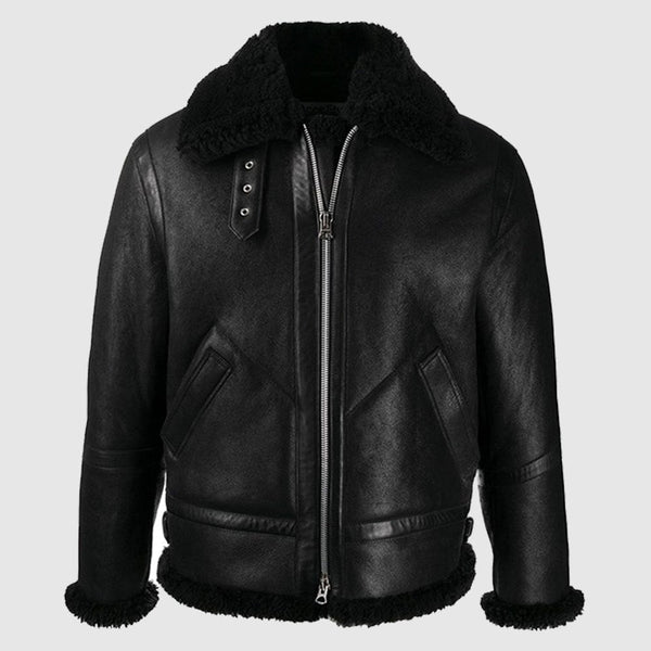 Handmade B3 Bomber Black Faux Shearling Jacket – Genuine Cowhide Leather