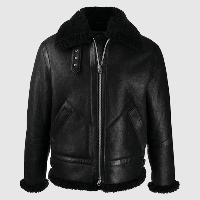 Handmade B3 Bomber Black Faux Shearling Jacket – Genuine Cowhide Leather