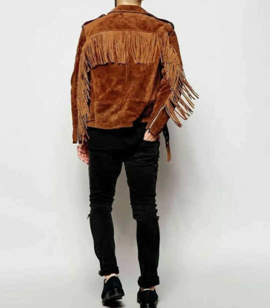 Handmade Men's Brown Fringe Jacket - 100% Pure Suede Leather Slim Fit Jacket