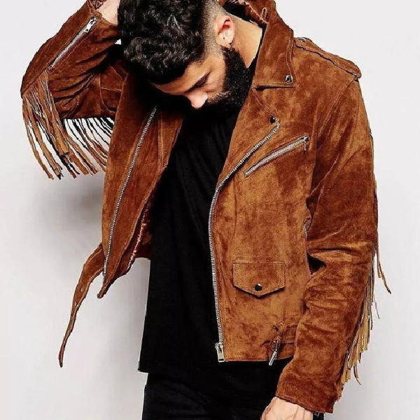 Handmade Men's Brown Fringe Jacket - 100% Pure Suede Leather Slim Fit Jacket